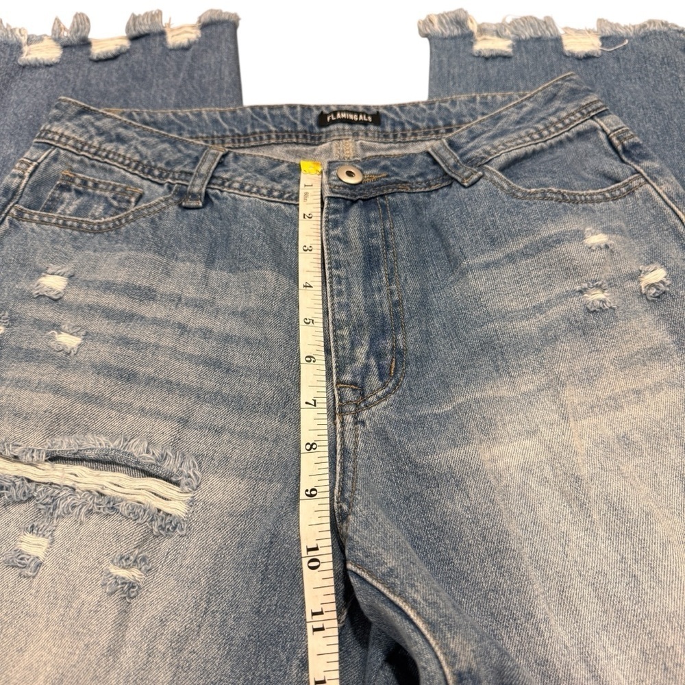 Flamingals Jeans Women’s Blue Distressed Denim Straight Boyfriend Raw Hem Sz Sm - Picture 5 of 8